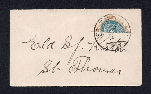 DANISH WEST INDIES - 1903 - BISECT: Small cover franked with 1896 diagonally BISECTED 4c pale blue & yellow brown 'Numeral' issue (SG 33b) tied by ST. THOMAS cds dated 28 1 1903. Addressed locally within ST. THOMAS.  (DEN/27449)