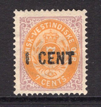 DANISH WEST INDIES - 1887 - PROVISIONAL ISSUE: 'I CENT' on 7c orange yellow and reddish purple 'Numeral' issue with frame inverted, a very fine mint copy. (SG 37b)  (DEN/27557)