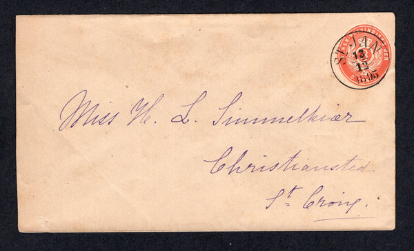 DANISH WEST INDIES - 1895 - CANCELLATION: 3c red orange postal stationery envelope (H&G B5) used with superb strike of ST. JAN cds dated 13 / 12 1895. Addressed to ST. CROIX with ST. THOMAS and CHRISTIANSTED transit & arrival cds's on reverse. A superb item, the rarest village postmark of the Danish West Indies.  (DEN/27751)