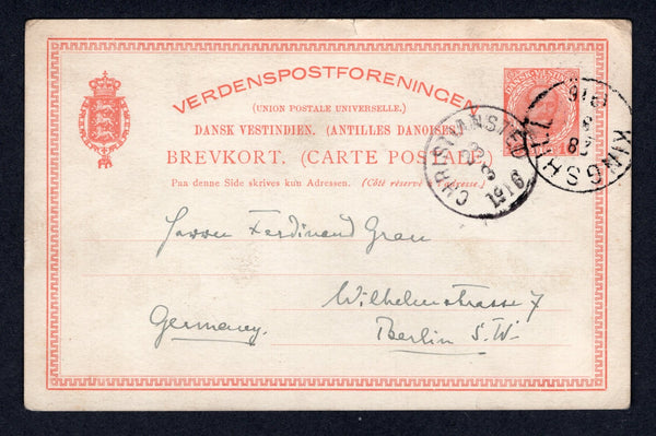 DANISH WEST INDIES - 1916 - CANCELLATION: 10b red postal stationery card (H&G 32) used with good strike of KINGSHILL cds in black dated 28 MAR 1916. Addressed to GERMANY with CHRISTIANSTED transit cds on front. Fine & scarce origination.  (DEN/28157)