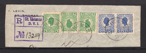 DANISH WEST INDIES - 1905 - REGISTRATION: 5b green (3 copies) and pair 25b blue 'King Christian IX' issue all tied on large piece by three strikes of ST THOMAS cds dated 14 12 1907 with boxed 'R St. Thomas D.V.I. No. 13259' registration marking in purple alongside. (SG 51 & 54)  (DEN/28872)