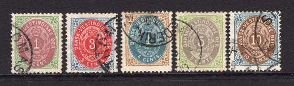DANISH WEST INDIES - 1896 - NUMERAL ISSUE: 1c claret & green, 3c carmine & deep blue, 4c pale blue & yellow brown, 5c light drab and light yellow green and 10c bistre brown & blue 'Numeral' issue, perf 12½, the set of five fine cds used. (SG 31/35)  (DEN/31927)