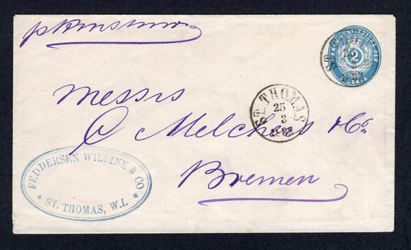 DANISH WEST INDIES - 1882 - POSTAL STATIONERY: 2c light blue postal stationery envelope (H&G B2) with manuscript 'Pr RMS STMR' at top and oval 'Feddersen Willink & Co. St. Thomas, W.I.' company handstamp in blue on front used with two strikes of ST. THOMAS cds dated 25 3 1882. Addressed to GERMANY.  (DEN/39260)