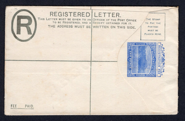 DOMINICA - 1903 - POSTAL STATIONERY & SPECIMEN: 2d blue 'Fee Paid' postal stationery registered envelope (H&G C1) with large 'SPECIMEN' overprint in black on reverse. Fine unused.  (DMN/18680)