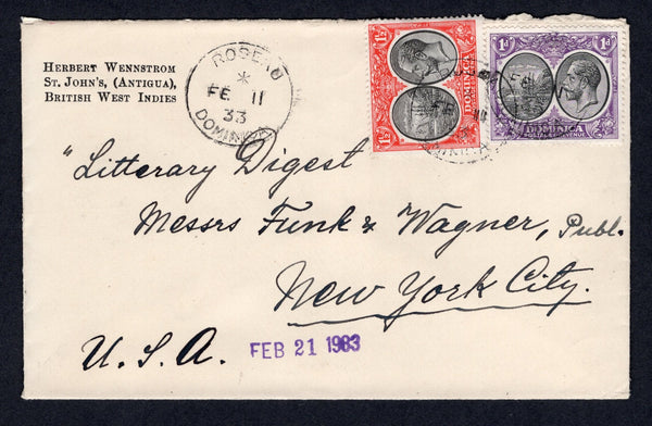 DOMINICA - 1933 - GV ISSUE: Cover franked with 1923 1d black & bright violet and 1½d black & scarlet GV issue (SG 72 & 74) tied by ROSEAU cds. Addressed to USA.  (DMN/18685)