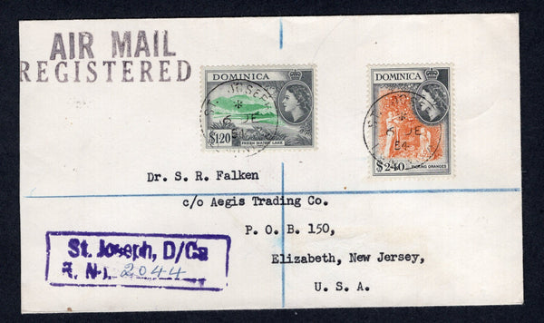 DOMINICA - 1954 - REGISTRATION & CANCELLATION: Registered cover franked with 1954 $1.20 emerald & black and $2.40 yellow orange & black QE2 issue (SG 157/158) tied by two strikes of ST. JOSEPH cds with boxed 'St Joseph D/Ca' registration marking in purple alongside. Sent airmail to USA with transit & arrival marks on reverse.  (DMN/22262)