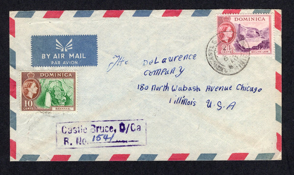 DOMINICA - 1960 - REGISTRATION & CANCELLATION: Registered airmail cover franked with 1954 10c green & brown and 24c purple & carmine QE2 issue (SG 150 & 153) tied by CASTLE BRUCE cds's with boxed 'Castle Bruce D/Ca' registration marking in purple alongside. Addressed to USA with transit & arrival marks on reverse.  (DMN/22263)