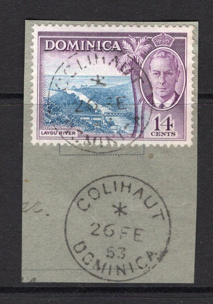 DOMINICA - 1953 - CANCELLATION: 14c blue & violet GVI issue tied on piece by fine strike of COLIHAUT cds dated 26 FEB 1953 with second strike alongside. (SG 129)  (DMN/23709)