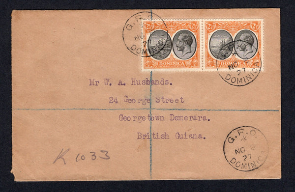 DOMINICA - 1927 - REGISTRATION: Registered cover franked with pair 1923 2½d black & orange yellow GV issue (SG 77) tied by G.P.O. DOMINICA cds's dated NOV 8 1927. Addressed to BRITISH GUIANA with arrival cds on reverse. Nice inter-island item.  (DMN/31393)