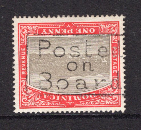 DOMINICA - 1903 - MARITIME & CANCELLATION: 1d grey & red GV issue used with fine complete strike of boxed 'POSTED ON BOARD' Barbados maritime cancel. (SG 28)  (DMN/33405)