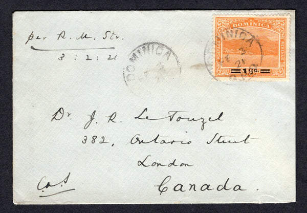 DOMINICA - 1921 - PROVISIONAL ISSUE: Cover with manuscript 'Per R.M. Str 3: 2: 21' at top franked with single 1920 1½d on 2½d orange 'Provisional' issue (SG 60) tied by G.P.O. DOMINICA cds dated FEB 3 1921 with second strike alongside. Addressed to CANADA. A scarce stamp on cover.  (DMN/33889)