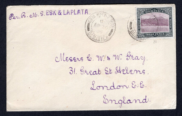 DOMINICA - 1906 - MARITIME: Cover with 'Per R.M.S. ESK & LA PLATA' handstruck ship endorsement at top franked with single 1903 3d dull purple & grey black (SG 31) tied by GENERAL POST OFFICE DOMINICA cds dated APR 26 1906. Addressed to UK with arrival cds on reverse.  (DMN/35920)