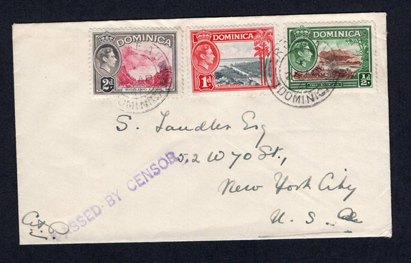 DOMINICA - 1941 - CENSORED MAIL: Cover franked with 1938 ½d brown & green, 1d grey & scarlet and 2d carmine & grey black GVI issue (SG 99/100 & 102) tied by ROSEAU cds's dated 24 AP 1941 and censored with straight line 'PASSED BY CENSOR' mark in purple with censors initials alongside. Addressed to USA.  (DMN/39262)