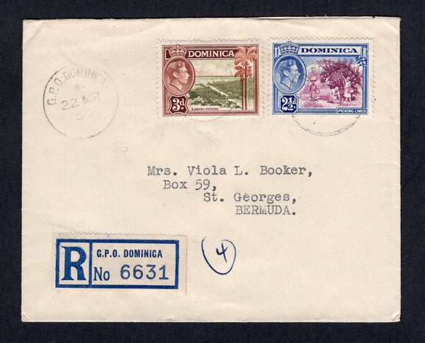 DOMINICA - 1950 - REGISTRATION & DESTINATION: Registered cover franked with 1938 2½d purple & bright blue and 3d olive green & brown GVI issue (SG 103 & 104) tied by G.P.O. DOMINICA cds's dated 22 MAR 1950 with printed blue on white 'G.P.O. DOMINICA' registration label alongside. Addressed to BERMUDA.  (DMN/39263)