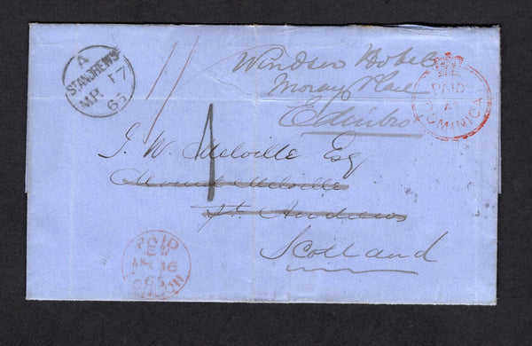 DOMINICA - 1865 - BRITISH POST OFFICES: Prestamp cover with fine DOMINICA British P.O. cds in black on reverse dated FEB 26 1865 with fine strike of crowned circle PAID AT DOMINICA cancel in red (SG CC1) on front and rated '1/-' in manuscript. Addressed to ST. ANDREWS, SCOTLAND and redirected to EDINBURGH with '1' handstamp in black to show there was an additional 1d to pay with LONDON PAID transit cds on front with ST ANDREWS arrival cds and second ST ANDREWS cds and EDINBURGH arrival cds on reverse. Cove