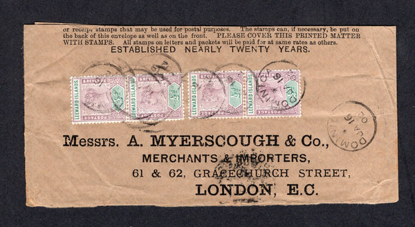 DOMINICA - 1902 - RATE: Newspaper wrapper made from an envelope with 'Printed Matter' notice at top franked with Leeward Islands 1890 two pairs of ½d dull mauve & green QV issue (SG 1) tied by DOMINICA cds's dated JAN 16 1902. Addressed to UK with arrival cds on reverse.  (DMN/40797)