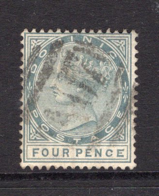 DOMINICA - 1886 - VARIETY: 4d grey QV issue, watermark 'Crown CA', perf 14, with variety MALFORMED 'CE' IN PENCE. A superb used copy with variety well clear of postmark. (SG 24a)  (DMN/4355)