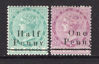 DOMINICA - 1886 - PROVISIONAL ISSUE: ½d on 6d green and 1d on 1/- magenta QV issue, the pair fine mint. (SG 17 & 19)  (DMN/6477)