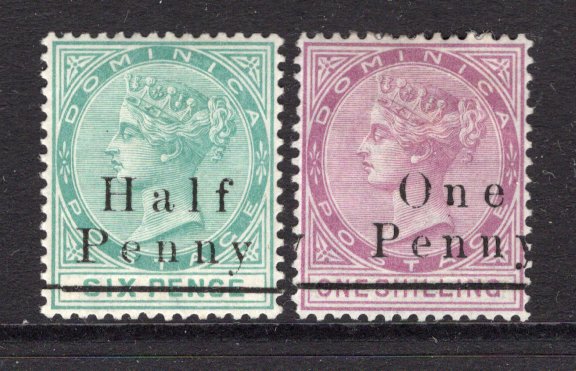 DOMINICA - 1886 - PROVISIONAL ISSUE: ½d on 6d green and 1d on 1/- magenta QV issue, the pair fine mint. (SG 17 & 19)  (DMN/6477)