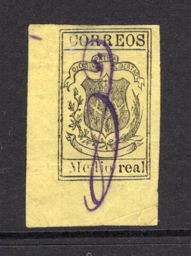 DOMINICAN REPUBLIC - 1870 - CLASSIC ISSUES: 'Medio real' black on yellow wove paper, a superb looking corner marginal example with good to huge margins all round used with manuscript cancel in purple. Some thinning at top on reverse. (SG 19)  (DOM/13020)