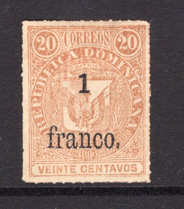 DOMINICAN REPUBLIC - 1883 - PROVISIONAL SURCHARGES: 1 franco on 20c yellow brown 'Arms' issue without Network, overprint type 2, a fine unused copy. (SG 49)  (DOM/1355)