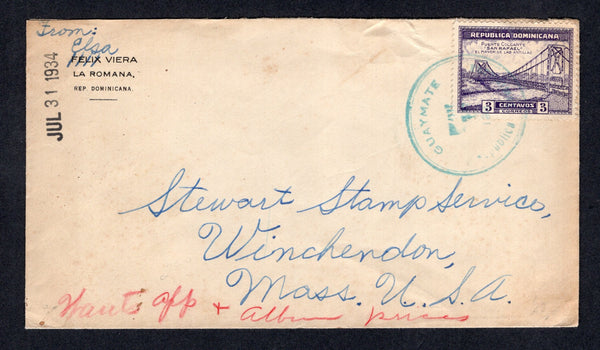 DOMINICAN REPUBLIC - 1934 - CANCELLATION: Cover franked with 1934 3c violet (SG 334) tied by fine GUAYMATE cds in blue. Addressed to USA with SANTO DOMINGO transit cds on reverse.  (DOM/13669)