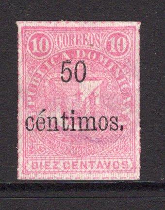 DOMINICAN REPUBLIC - 1883 - PROVISIONAL SURCHARGES: 50c on 10c pink 'Arms' issue 'Tall Overprint' with Network a fine used copy. (SG 75)  (DOM/1368)