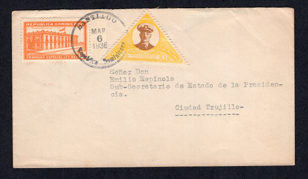 DOMINICAN REPUBLIC - 1936 - TAX ISSUE & CANCELLATION: Cover franked with 1935 3c brown & yellow plus 1935 25c orange obligatory TAX issue for use on all mail addressed to the President of the Republic (SG 352 & 346). Both tied by SANTIAGO cds. Addressed to 'Senor Don Emilio Espinola Sub-Secretario de Estado de la Presidencia, Ciudad Trujillo' with arrival cds on reverse. Scarce issue on cover.  (DOM/17525)