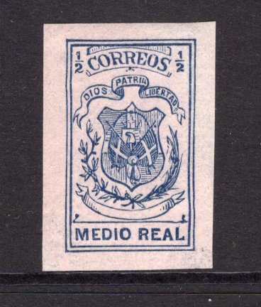 DOMINICAN REPUBLIC - 1866 - ESSAY: ½r blue on pale rose 'Garcia' ESSAY for the 1866 issue, similar in design but with numerals in the top corners and the word 'CORREOS' in an arc at top. A fine mint copy with full O.G. four large margins. Very scarce.  (DOM/19158)