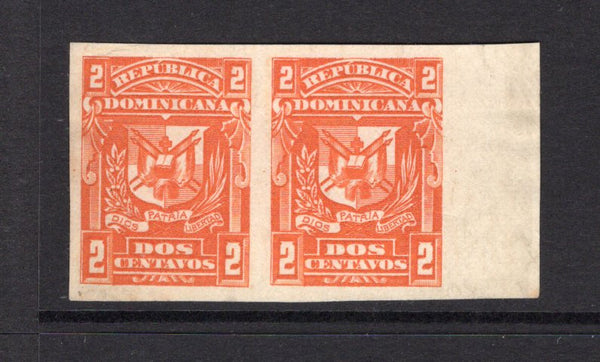 DOMINICAN REPUBLIC - 1895 - VARIETY: 2c vermilion ARMS issue 'Paris' printing, a fine unused IMPERF PAIR. (SG 86 variety)  (DOM/2129)