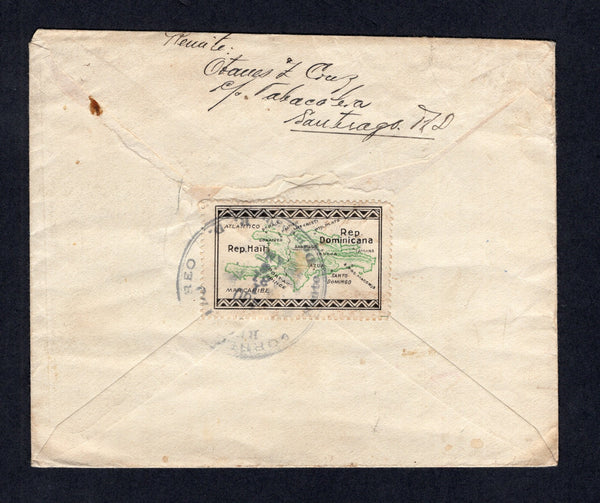 DOMINICAN REPUBLIC - 1932 - CINDERELLA: Illustrated 'Airplane' cover franked with 1930 10c yellow AIR issue and 1930 1c green & 2c red (SG 271 & 276/277) tied by SANTIAGO cds's with lovely large illustrated 'Map' CINDERELLA label on reverse showing Haiti and the Dominican Republic tied by SANTO DOMINGO transit cds. Addressed to USA.  (DOM/23581)