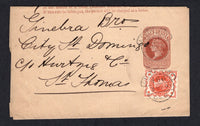 DOMINICAN REPUBLIC - 1887 - FORWARDING AGENT & INCOMING MAIL: Incoming Great Britain ½d brown on buff QV postal stationery wrapper (H&G E8) used with added 1887 ½d vermilion QV issue (SG 197) tied by LIVERPOOL cds dated 3 MAY 1887. Addressed to 'Messrs Ginebra Bros, City of St Domingo, c/o Hurtzig & Co, St Thomas'. Hurtzig & Co were a postal forwarding agent for the West Indies based in St Thomas who then forwarded mail via a safer route to the Dominican Republic. A rare and unusual forwarding agent item. 
