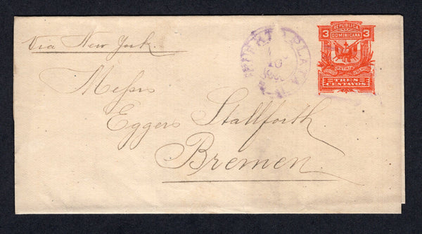 DOMINICAN REPUBLIC - Circa 1890 - POSTAL STATIONERY: 3c orange on cream postal stationery wrapper (H&G E4) used with PUERTO PLATA cds. Addressed to GERMANY.  (DOM/28291)