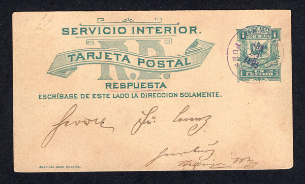 DOMINICAN REPUBLIC - 1895 - POSTAL STATIONERY: 1c green postal stationery card (H&G 14 reply half) used with PUERTO PLATA cds dated APR 10 1895. Addressed to GERMANY.  (DOM/28294)
