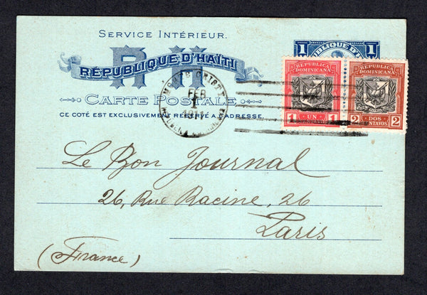DOMINICAN REPUBLIC - 1911 - POSTAL STATIONERY RE-USE: 1c blue on pale blue 'Nord Alexis' postal stationery card of Haiti (H&G 13) used with Dominican Republic 1906 1c black & rose red and 2c black & chestnut 'Arms' issue (SG 161/162) applied across the Haitian stamp imprint and tied by MONTE CRISTY cds dated FEB 1 1911. Addressed to FRANCE. An unusual item.  (DOM/28295)