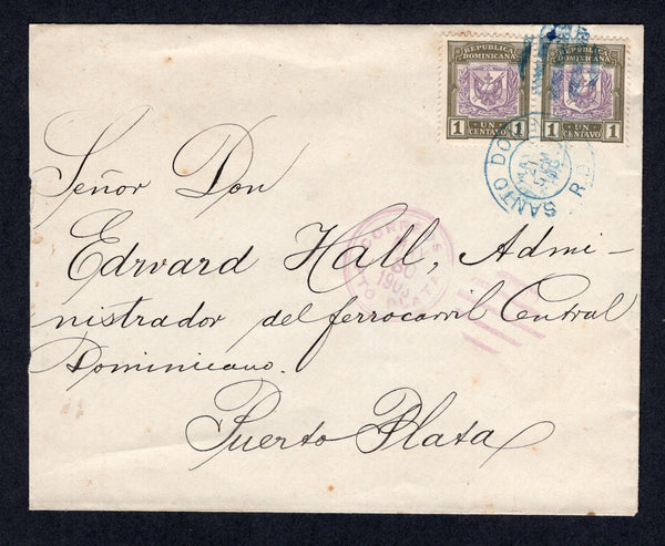 DOMINICAN REPUBLIC - 1903 - RATE: Internal cover franked with pair 1901 1c lilac & olive green 'Arms' issue (SG 110) tied by SANTO DOMINGO cds in blue. Addressed to 'Senor Don Edward Hall, Administrador del Ferrocarril Central Dominicano, Puerto Plata' with arrival cds in purple on front. A scarce internal 2c rate cover. Edward Hall was an American engineer who oversaw the development and building of the Dominican Republic railway network from 1892.  (DOM/28300)