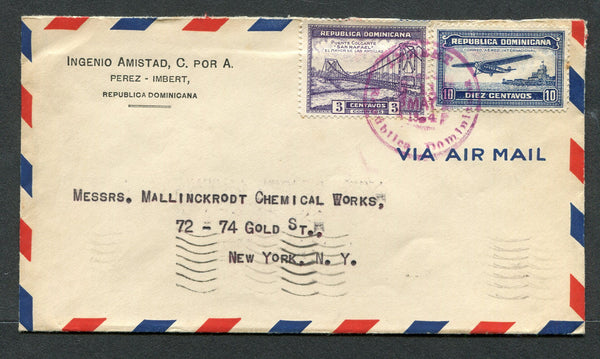DOMINICAN REPUBLIC - 1934 - CANCELLATION: Airmail cover franked with 1934 3c violet and 1933 10c deep blue AIR issue (SG 334 & 331) tied by good strike of IMBERT cds in red dated 11 MAY 1934. Addressed to USA with various transit & arrival marks on reverse. Scarce origination.  (DOM/28304)