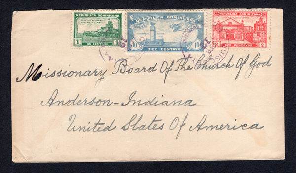 DOMINICAN REPUBLIC - 1934 - CANCELLATION: Cover franked with 1931 2c scarlet, 1932 1c yellow green and 1931 10c pale ultramarine AIR issue (SG 295, 309 & 301) tied by two good strikes of QUISQUEYA cds in purple dated FEB 12 1934. A very scarce origination.  (DOM/28305)