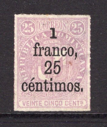 DOMINICAN REPUBLIC - 1883 - VARIETY: 1f 25c on 25c mauve 'Arms' issue without Network, a fine mint copy with part O.G. showing variety '1' WITH STRAIGHT SERIF. (SG 51a)  (DOM/29760)