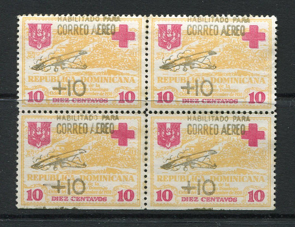 DOMINICAN REPUBLIC - 1930 - HURRICANE RELIEF: 10c + 10c yellow & red with 'Correo Aereo' HURRICANE RELIEF surcharge in GOLD, perforated, a fine mint block of four. Scarce. (SG 290A, Sanabria #14 only 6500 printed)  (DOM/29780)