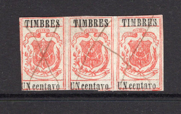 DOMINICAN REPUBLIC - 1883 - REVENUE ISSUE & MULTIPLE: 1c red & black 'Timbres' REVENUE (using the arms design of the 1866-74 postage stamp issue). A fine used strip of three with neat manuscript cancels. Margins tight to touching in places. Scarce multiple. (Hilchey #12, Forbin #9)  (DOM/29785)