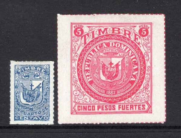 DOMINICAN REPUBLIC - 1882 - REVENUE ISSUE: ¼c blue and 5c carmine rose 'Timbre' REVENUE issue, rouletted in colour. The pair fine mint. (Hilchey #3/4, Forbin #3/4)  (DOM/29788)