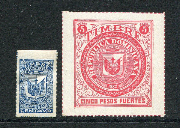 DOMINICAN REPUBLIC - 1882 - REVENUE ISSUE: ¼c blue and 5p carmine rose 'Timbre' REVENUE issue, rouletted in colour. The pair fine mint. (Hilchey #3/4, Forbin #3/4)  (DOM/29789)