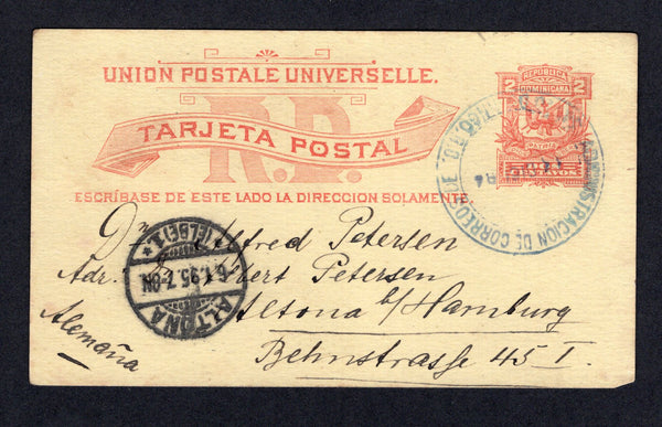 DOMINICAN REPUBLIC - 1894 - POSTAL STATIONERY: 2c red on yellow postal stationery card (H&G 11) used with large SANTO DOMINGO cds in blue dated 13 DEC 1894. Addressed to GERMANY with arrival cds on front.  (DOM/29793)