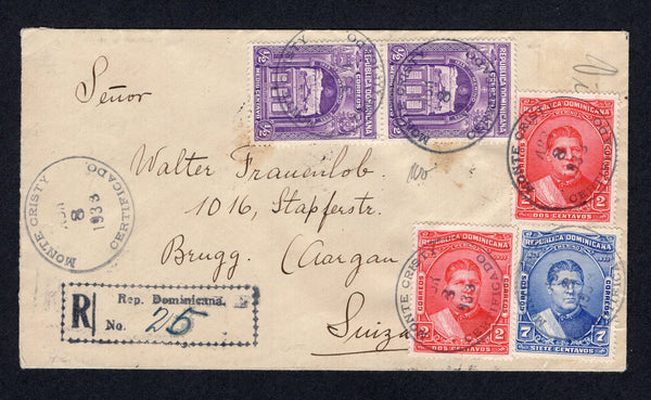 DOMINICAN REPUBLIC - 1933 - REGISTRATION: Registered cover franked with 1933 pair ½c violet, 2 x 2c rose scarlet and 7c bright blue 'Birth Centenary of F.A. Merino' issue (SG 316, 318 & 321) all tied by fine MONTY CRISTY CERTIFICADOS cds's dated AUG 8 1933 with boxed registration handstamp alongside. Addressed to SWITZERLAND with transit & arrival marks on reverse. A scarce franking.  (DOM/29795)