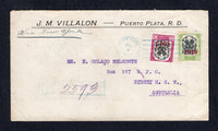 DOMINICAN REPUBLIC - 1919 - DESTINATION: Registered cover franked with 1917 5c black & rose lake with '1917' overprint and 1919 2c black & olive with '1919' overprint (SG 223 & Unlisted) tied by PUERTO PLATA roller cancel in blue dated DEC 4 1919 with boxed registration marking alongside. Addressed to AUSTRALIA with transit & arrival marks on reverse.  (DOM/32045)