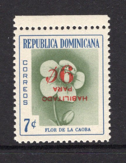 DOMINICAN REPUBLIC - 1960 - VARIETY: 9c on 7c grey green & blue 'Mahogany Flower' issue with variety SURCHARGE INVERTED fine unmounted mint. (SG 825 variety)  (DOM/3229)