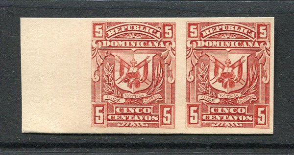 DOMINICAN REPUBLIC - 1895 - PROOF: 5c ARMS issue 'Paris' printing IMPERF PLATE PROOF in red on thick card, a fine side marginal pair. (As SG 87)  (DOM/3338)