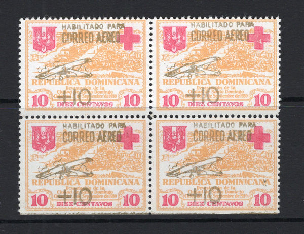 DOMINICAN REPUBLIC - 1930 - HURRICANE RELIEF: 10c + 10c yellow & red with 'Correo Aereo' HURRICANE RELIEF surcharge in GOLD, perforated, a fine unused block of four. Scarce. (SG 290A, Sanabria #14 only 6500 printed)  (DOM/3370)