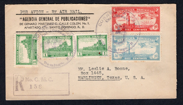DOMINICAN REPUBLIC - 1932 - AIRMAIL & PRIVATE REGISTRATION: Printed 'Agencia General de Publicaciones' cover franked with 1931 10c carmine and 10c pale ultramarine AIR issue and 1932 3 x 1c yellow green (SG 300, 301 & 309) tied by large CERTIFICADOS SANTO DOMINGO cds's dated JUL 8 1932 with boxed 'R No. 158 G. M. C. ' registration marking in purple on front. Addressed to USA with transit & arrival marks on reverse.  (DOM/33906)